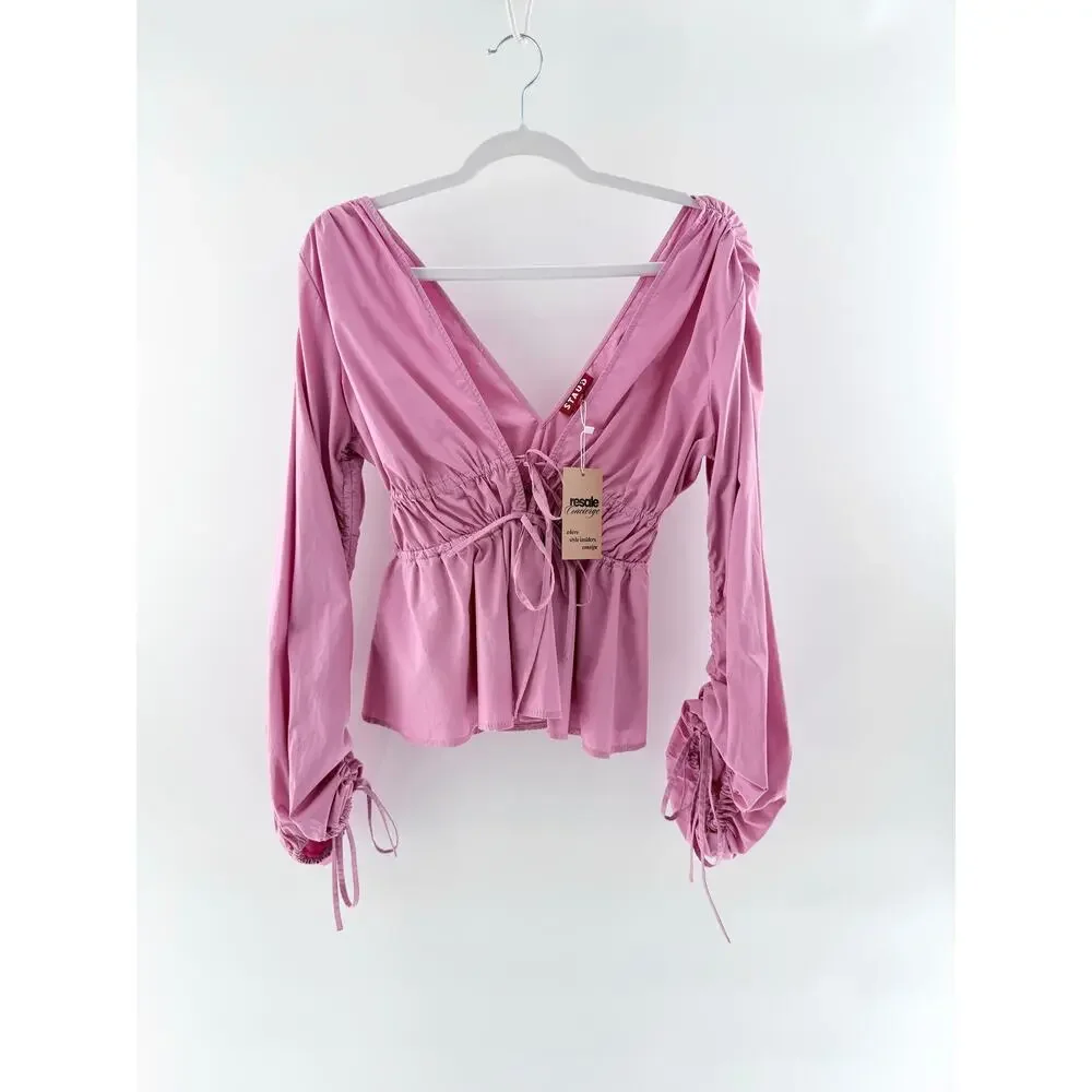 Staud Shelby Long Sleeve Plunging V-Neck Blouse Top Quartz Pink Women's XS